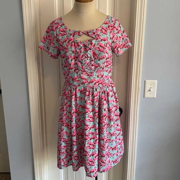 eShakti Medium (10) Flamino Print Bow Front Dress ~ Fit & Flare Pinup Tropical - Picture 1 of 10